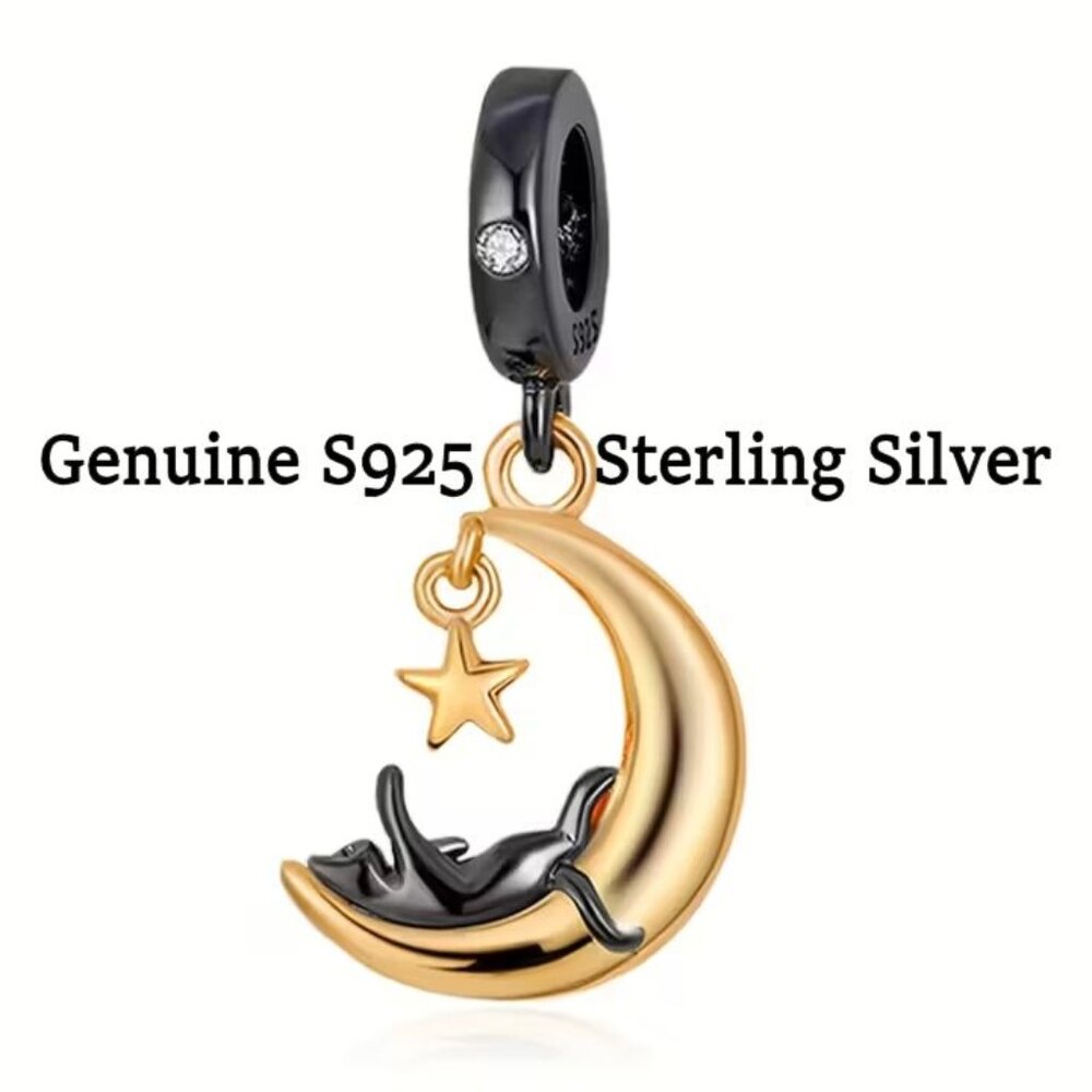 Sterling Silver Cat on Moon w/ Star Charm Gold and Black Enamel ONLY 1 Left